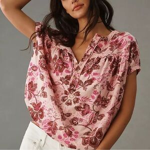 Anthropologie Pilcro Ruched Henley Tee Pink Floral Boho Hippie